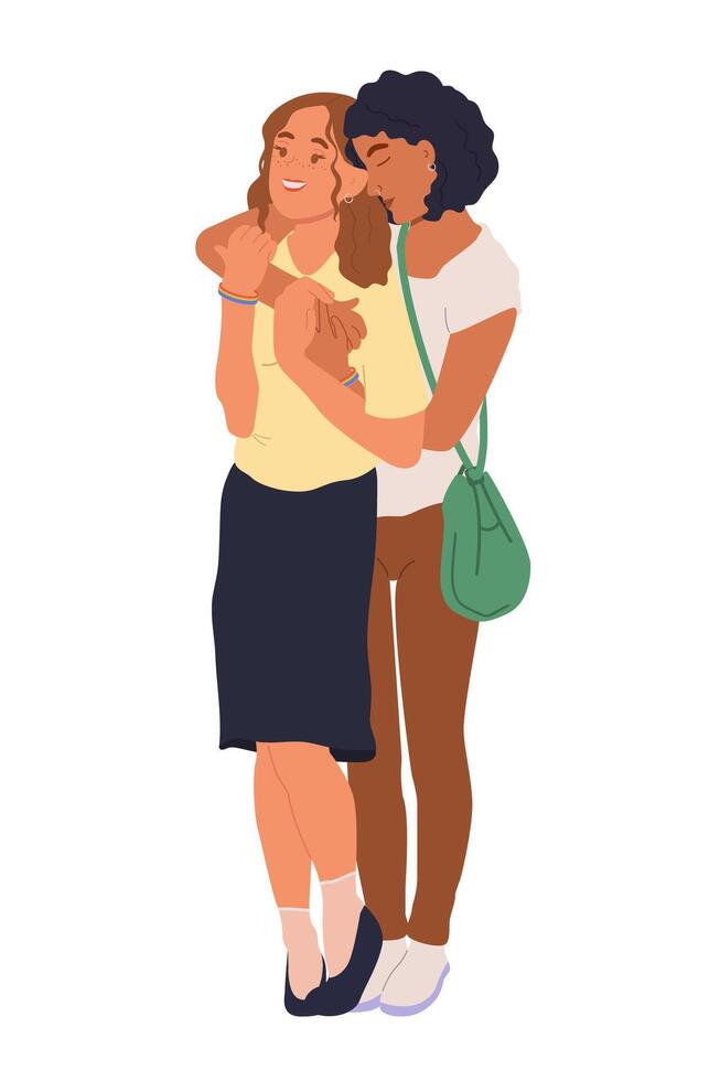 Young couple in love, happy lesbian lovers hugging. Romantic partners. Enamored characters, LGBTQ people. illustration isolated on white background vector