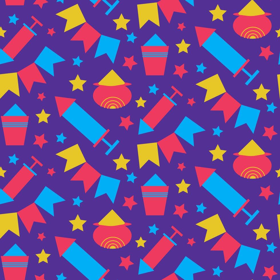 Bright geometric pattern with colorful rockets, stars, flags, and abstract shapes on a purple background vector