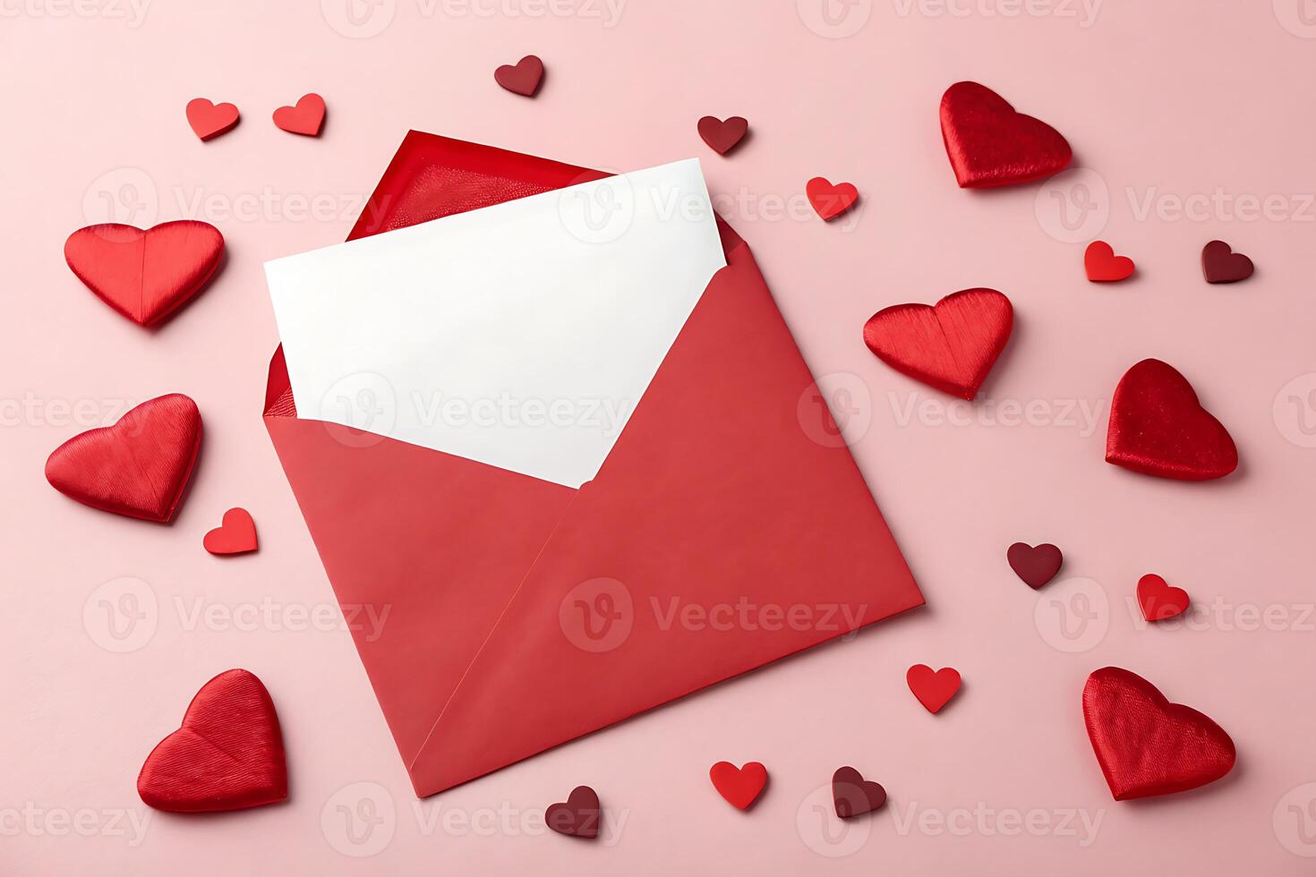 Red Envelope with Blank Note and Hearts for Valentine's Day photo