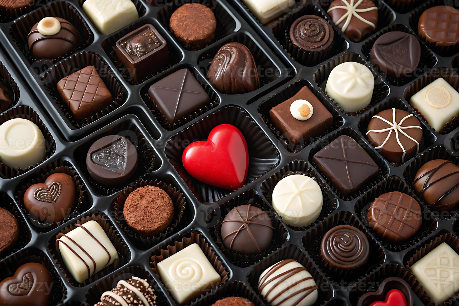 Exquisite Assortment of Chocolates in a Gift Box, Featuring a Red Heart photo