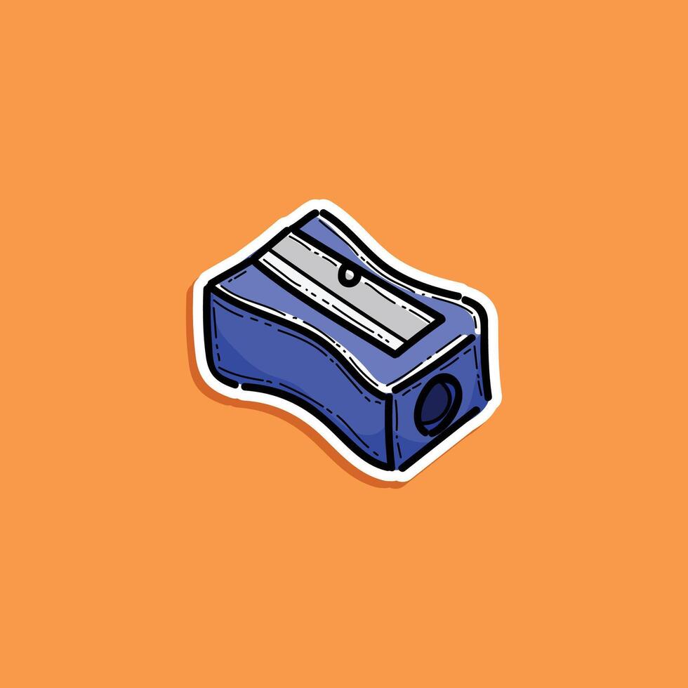 A hand drawn styled illustration of a blue pencil sharpener set against an orange background. Artistic and vibrant composition ideal for educational or creative design purposes. vector