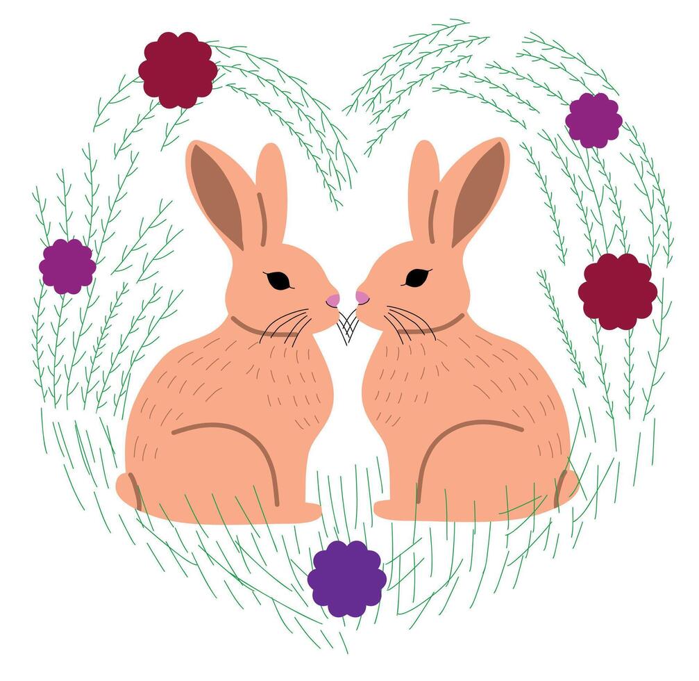 Cute Rabbits in Heart with Flowers sticker vector
