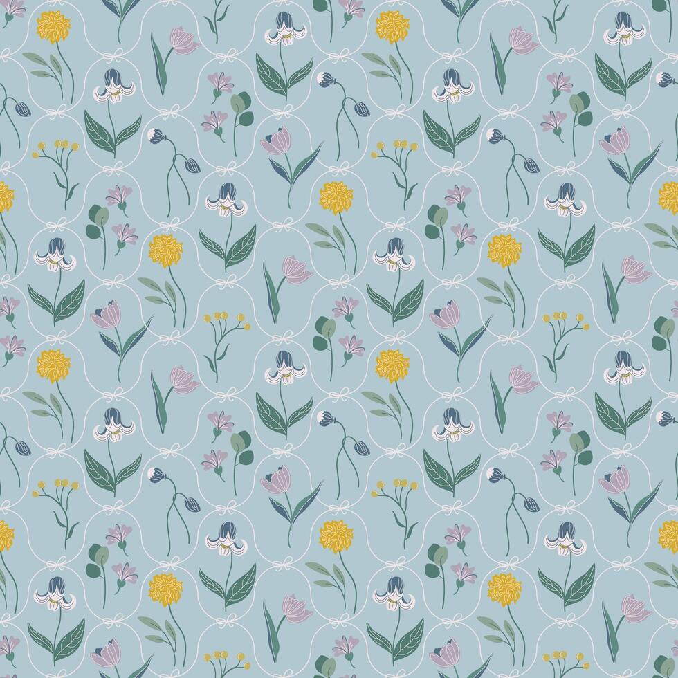 Floral seamless pattern. Retro background with beautiful plants. Damask ornament with ribbon bows and flowers for fabric, wallpaper, wrapping paper. Elegant vintage illustration. vector