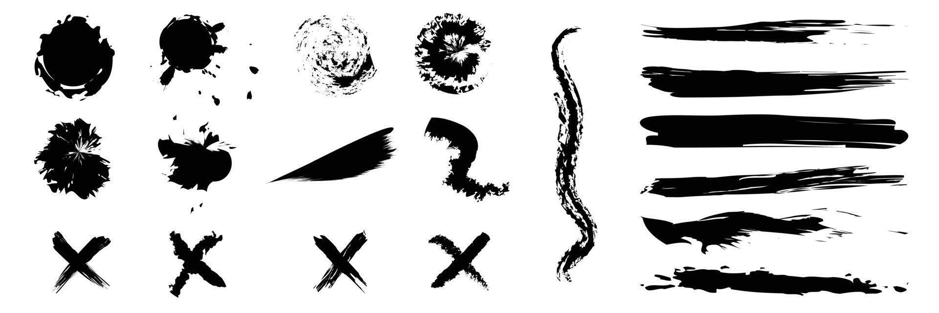 Set of ink grunge paintbrush strokes and splash of paints. Paint brush, ink splatter, crosses, stains dirty elements, background vector