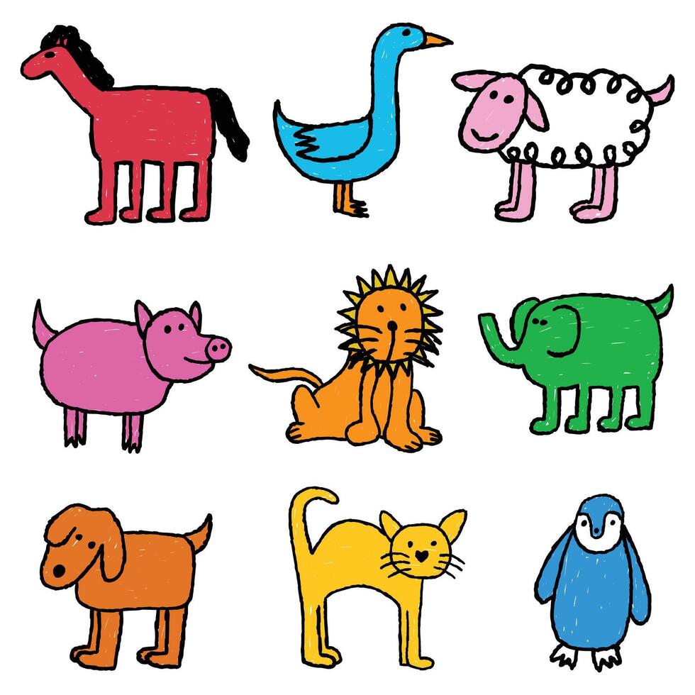 kids scribbles cute animal illustrations vector