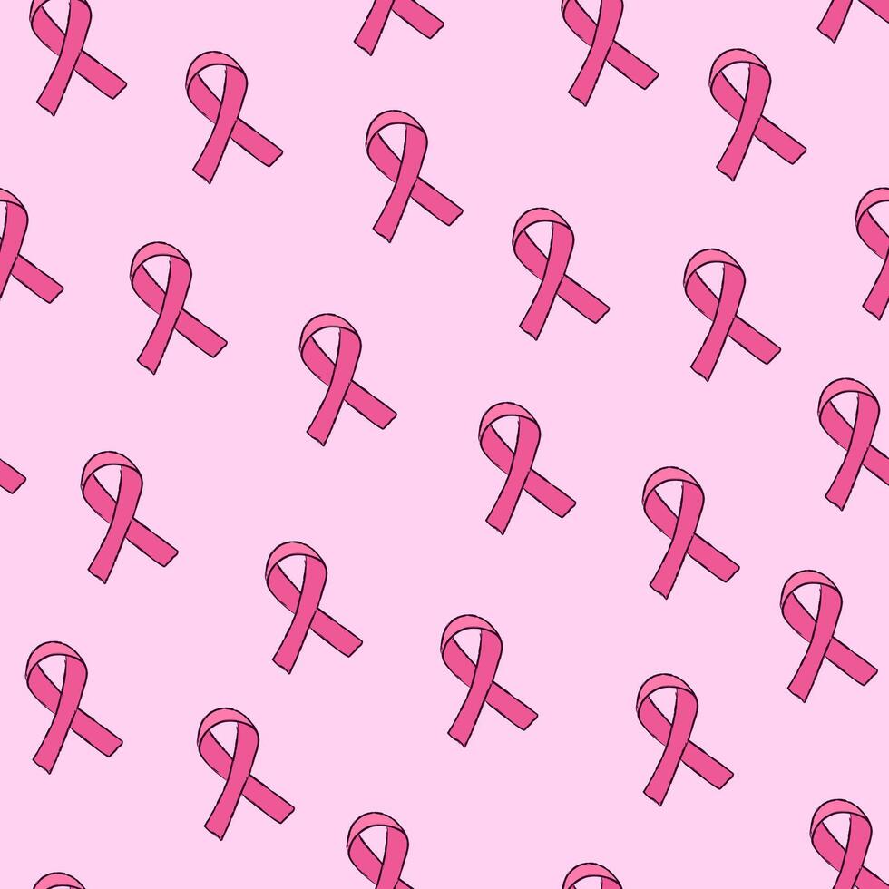 Cute seamless pattern with pink ribbon for breast cancer awareness. Hand drawn illustration. Doodle style. Suitable for background, fabric design, wallpaper, packaging. vector