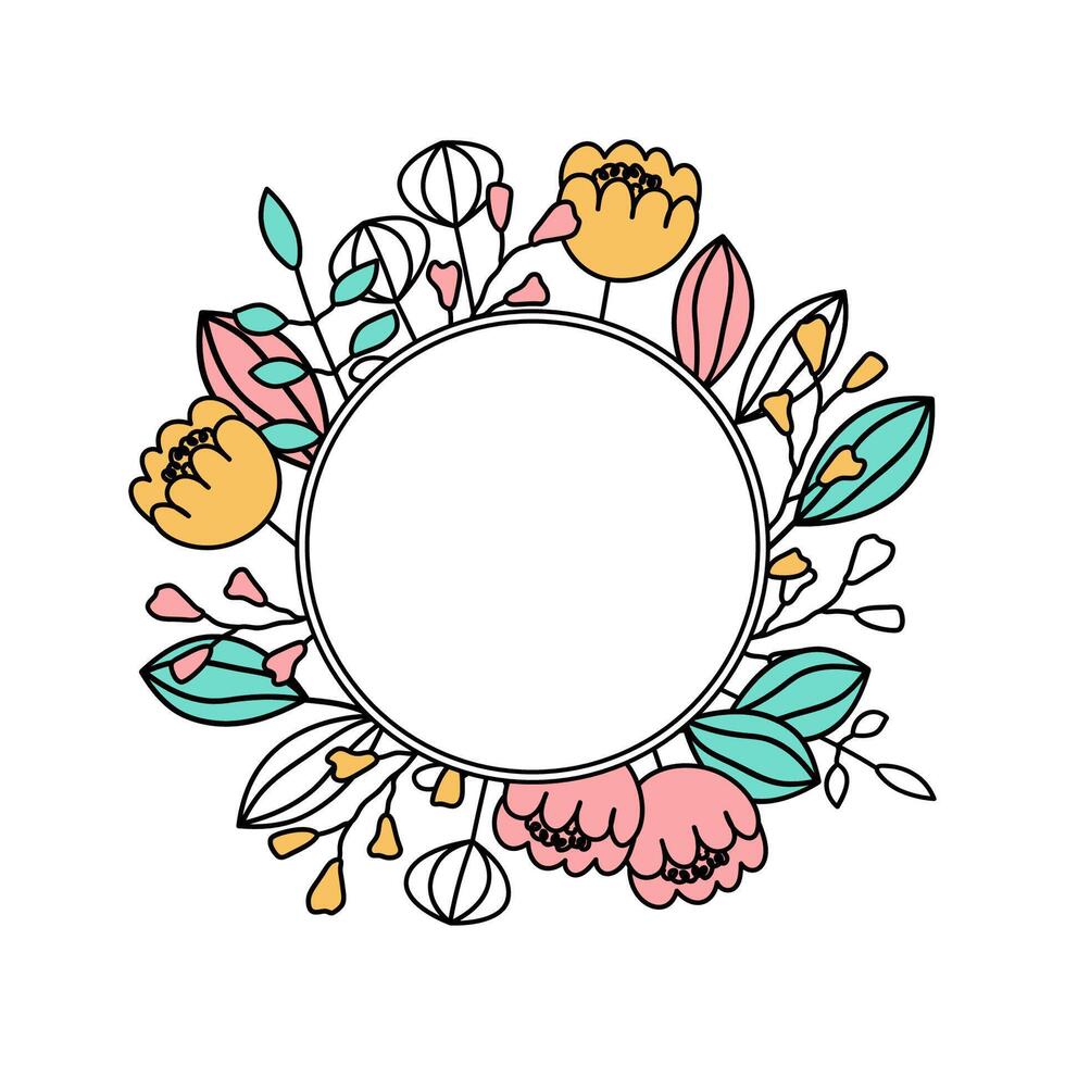 Floral frame for text on isolated background. Round border with minimalist flowers in delicate colours. Background with festive spring motif for congratulations, birthday, Mother's Day, 8 March vector