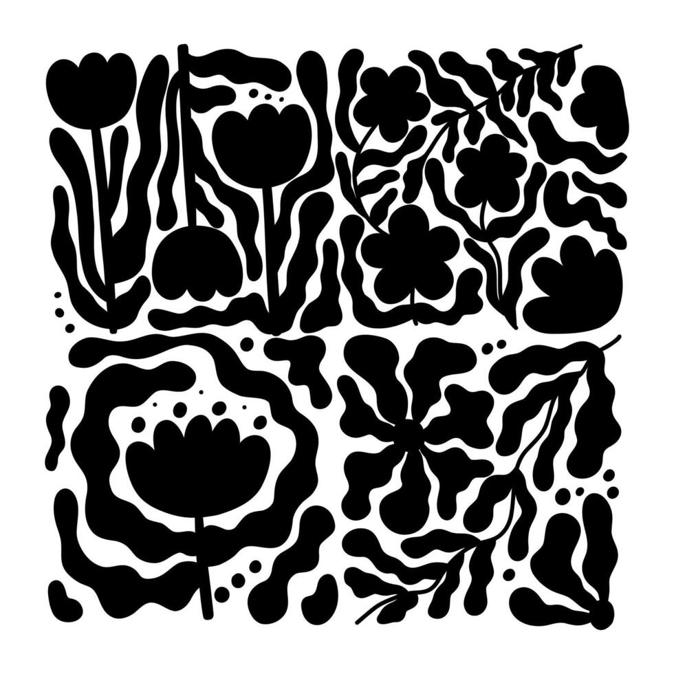 Abstract flowers silhouettes set. Doodle shapes in trendy naive hippie style. Groovy black shadows. Retro card, print, banner, poster, template. Hand drawn illustration isolated on white background. vector