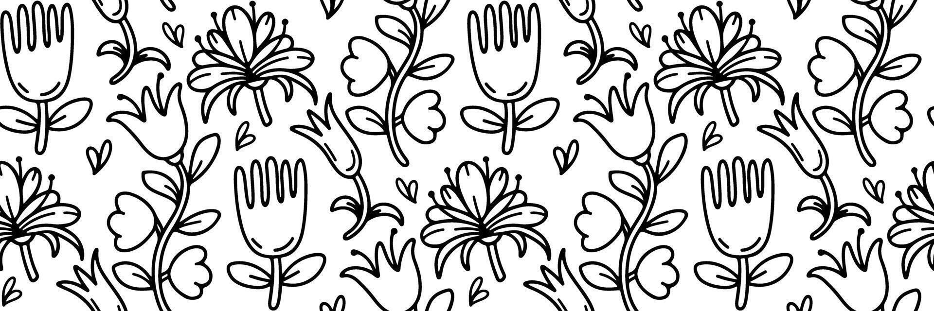 Seamless doodle floral pattern featuring whimsical flowers and leaves in black and white. Perfect for coloring books, wallpaper, textiles, or digital backgrounds. outline illustration. vector