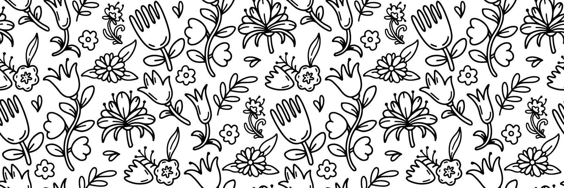 Seamless doodle floral pattern featuring whimsical flowers and leaves in black and white. Perfect for coloring books, wallpaper, textiles, or digital backgrounds. outline illustration. vector