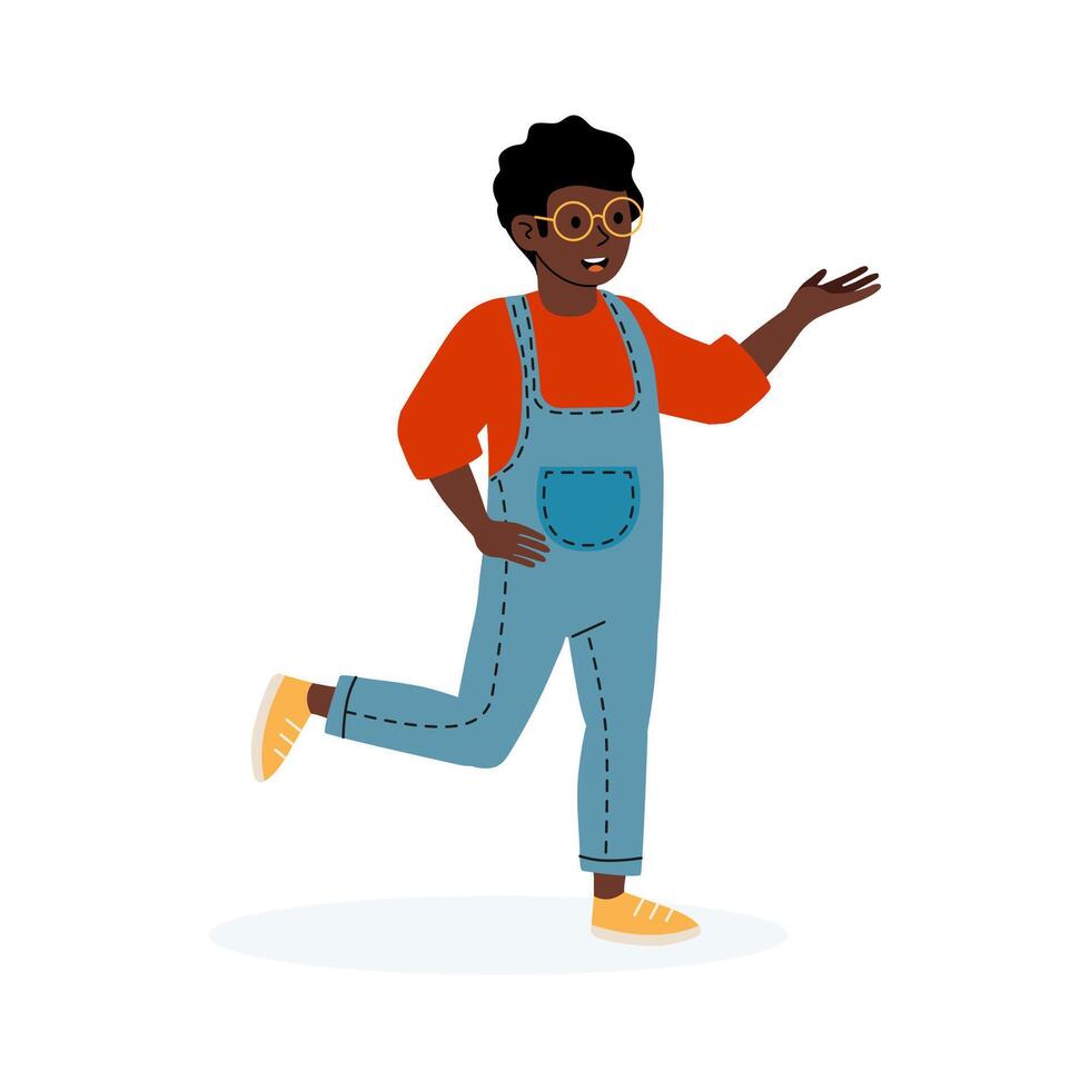 Happy young person in overalls joyfully running and waving with enthusiasm vector