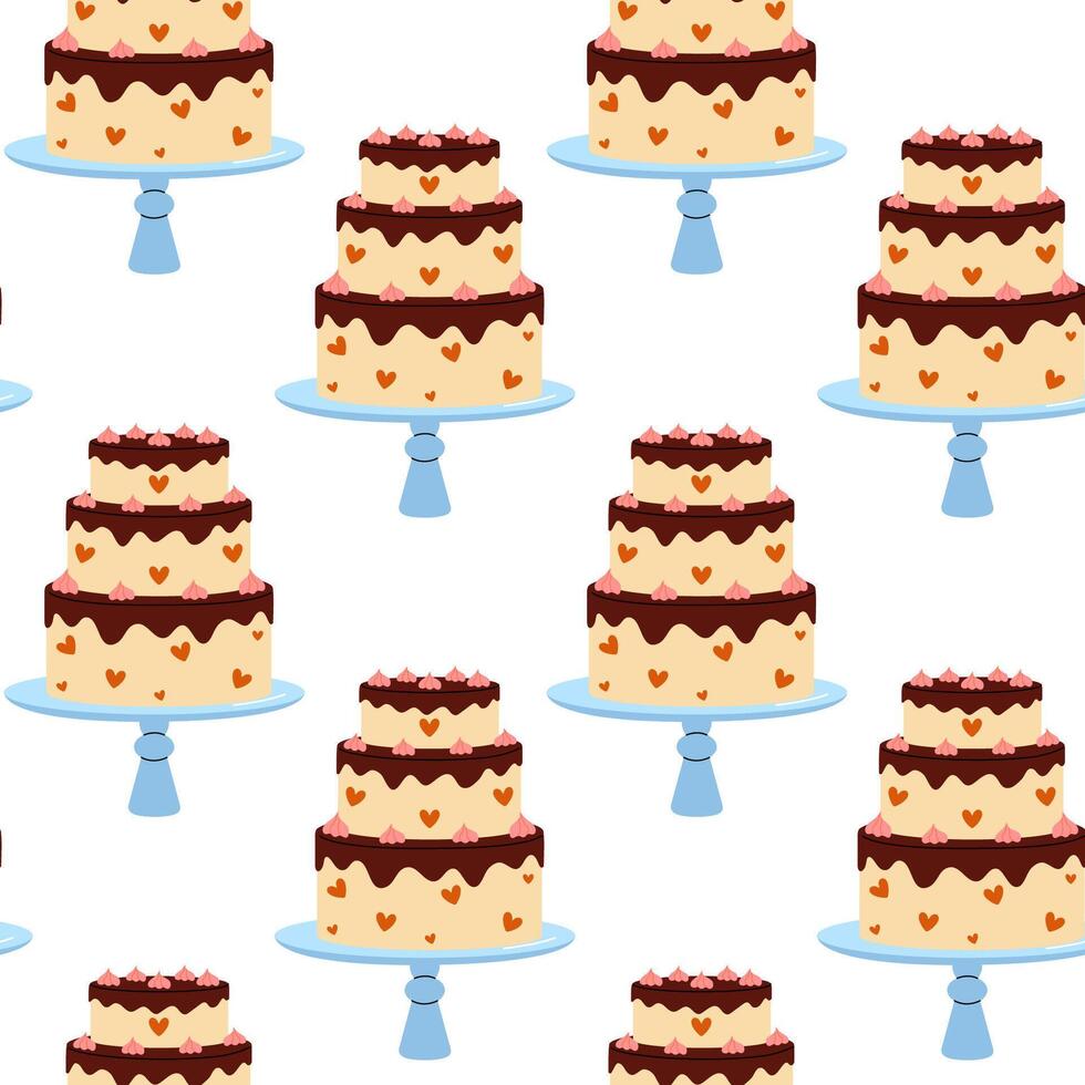 Decorative cake pattern with multiple tiers showcasing playful design elements and heart motifs vector
