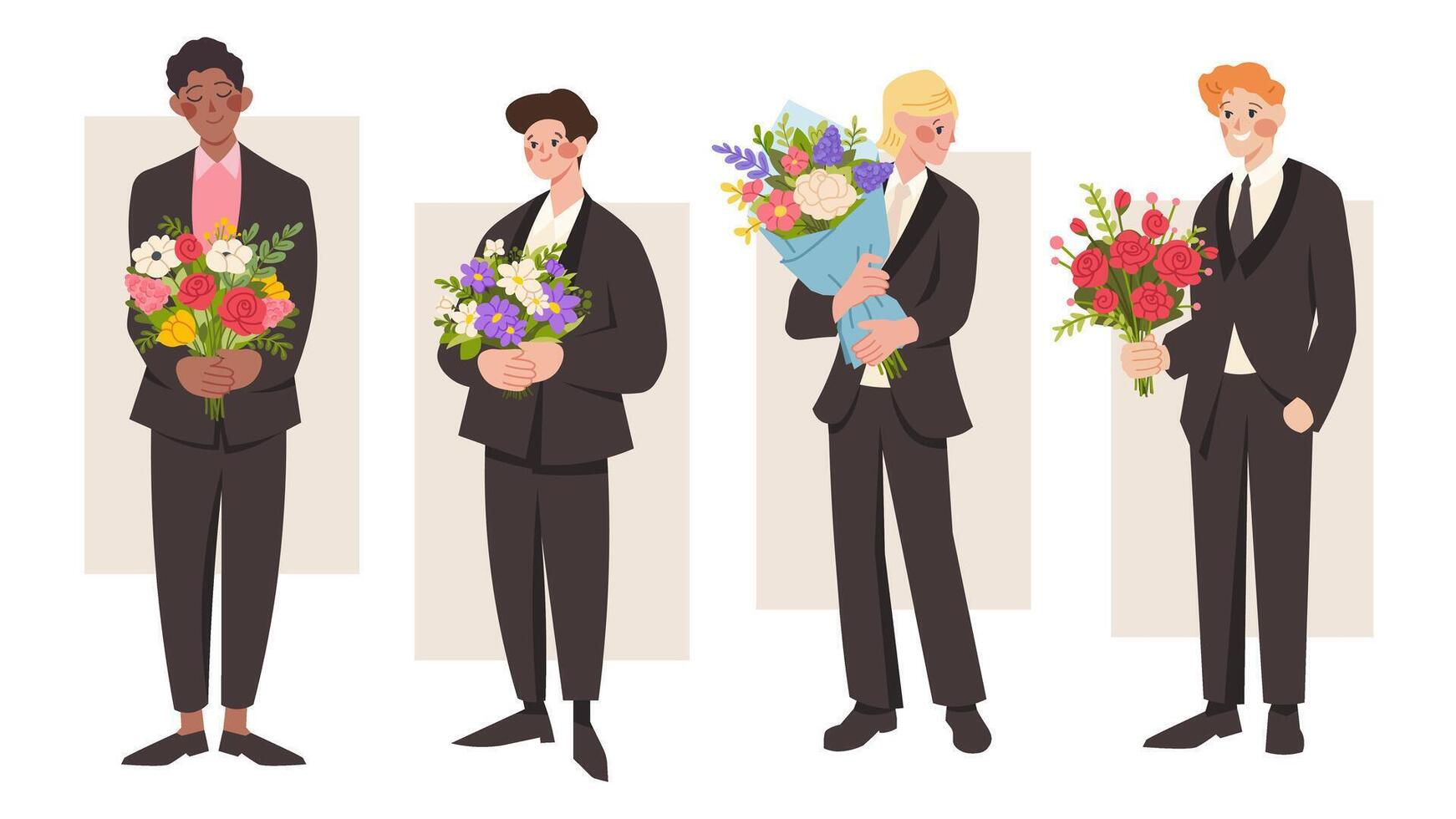 Man with flowers. Groom in suit holds bouquet. Flat character for wedding design, greeting cards for women vector