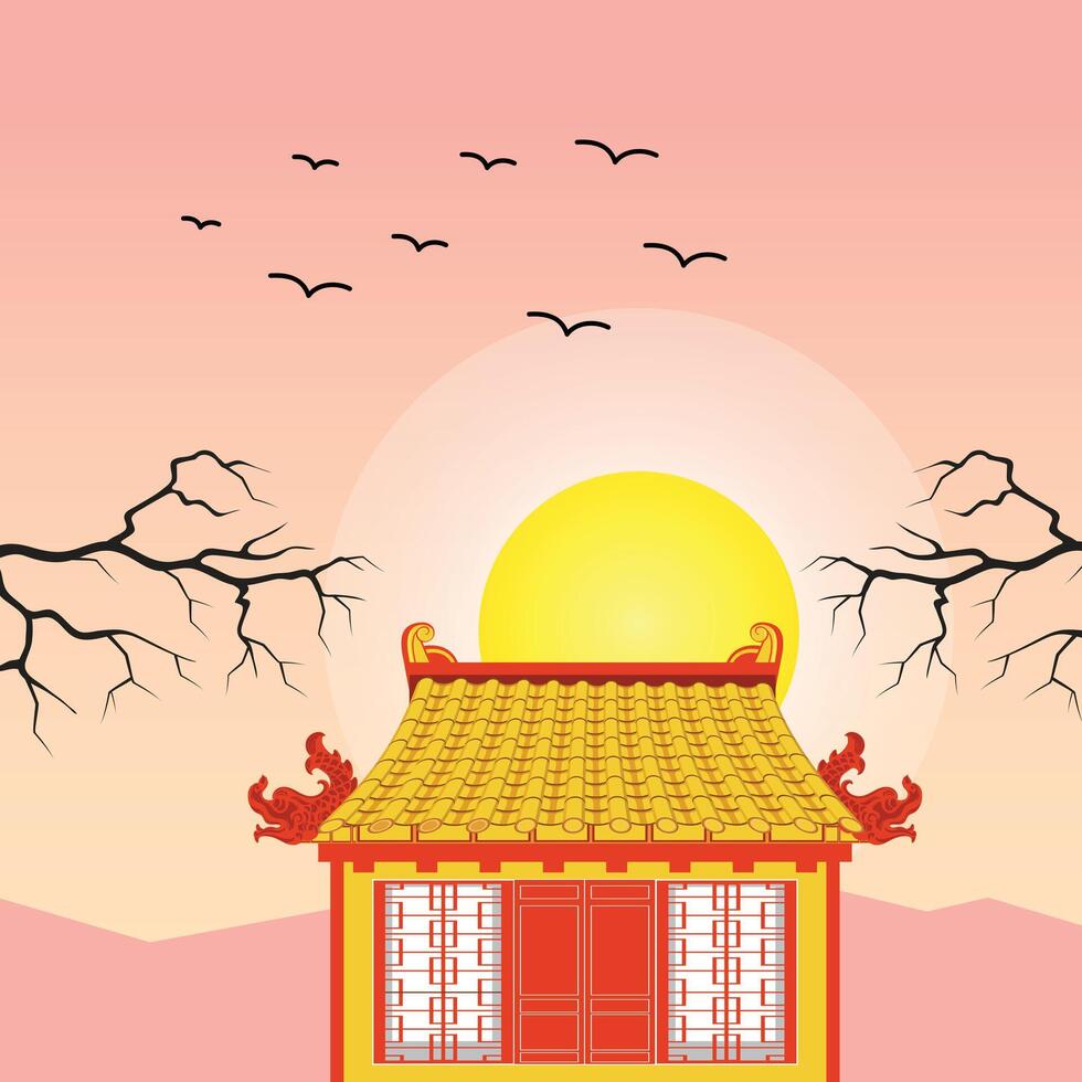 Chinese new year environment, traditional Chinese house, and moon on sky, art vector