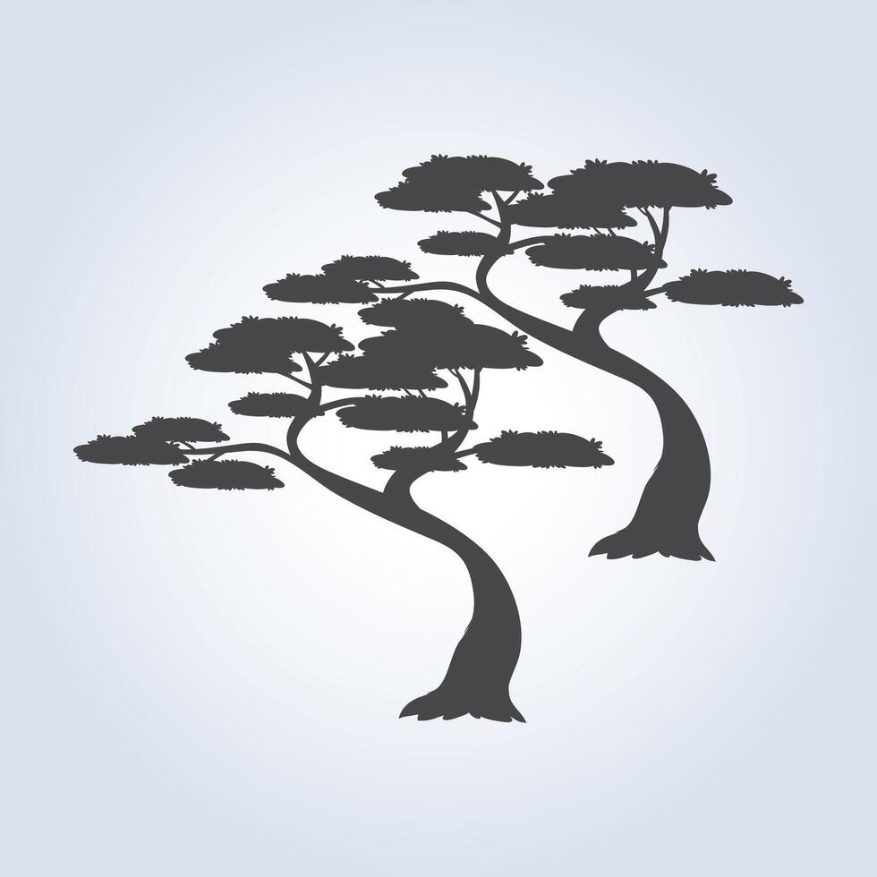 Curved black and white tree, lush tropical, art vector