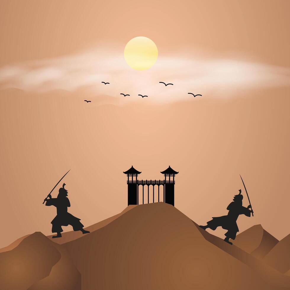 Minimalist Chinese architectural style archway, ancient Samurai, warriors, illustration vector