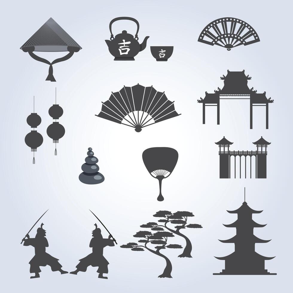 Chinese traditional theme symbol pack silhouette, worries, samurai, fans, art vector