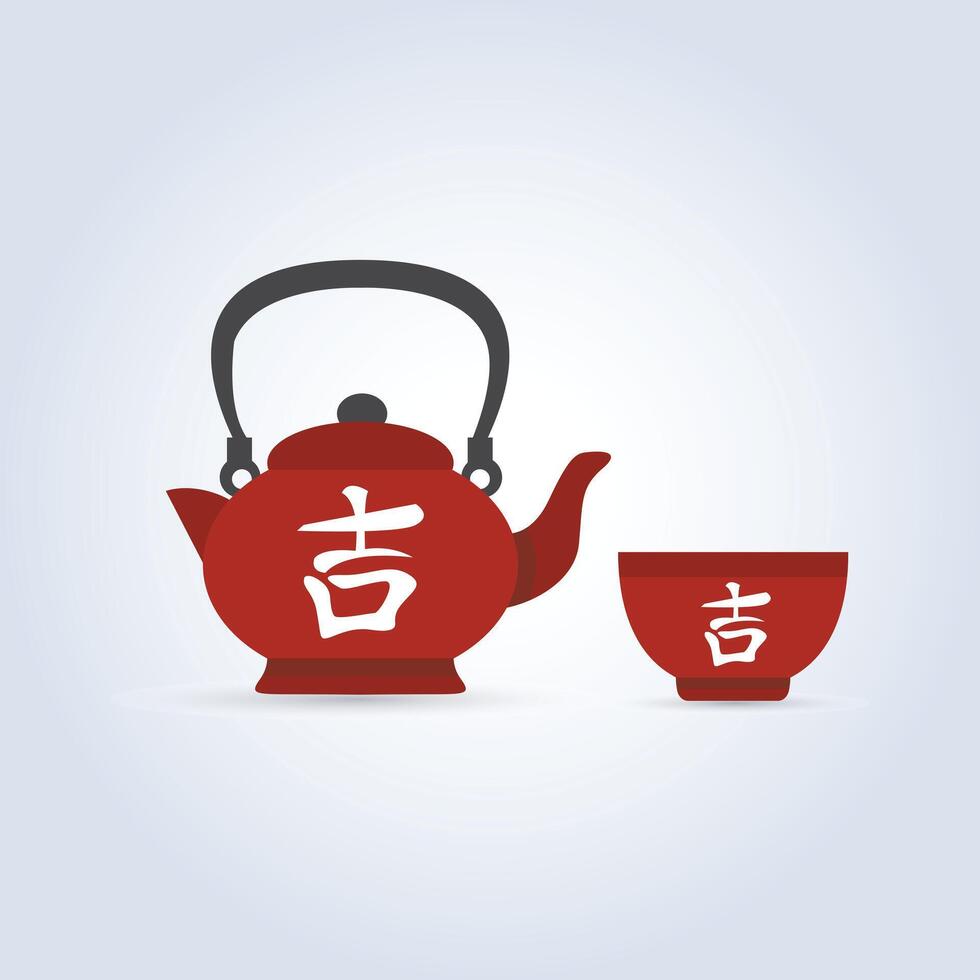 Red Chinese teapot, traditional tea drinking, Icon of red teapot and cup tableware, art vector