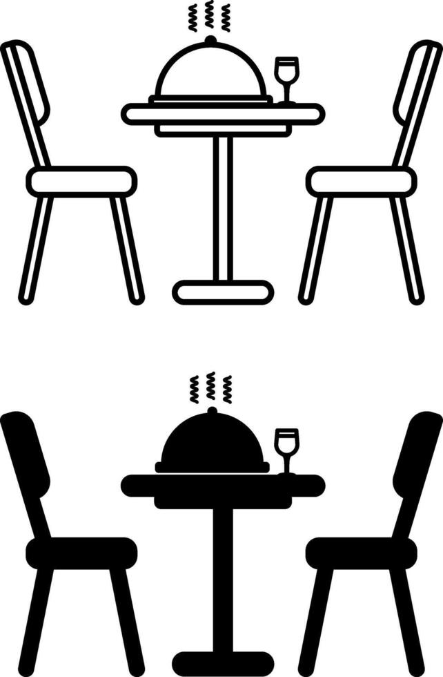 Table and Chairs Icons. Black and White Icons. Ready Hot Dish and Glass of Wine on the Table. Furniture. Dinner in a Catering Establishment. Restaurant Concept vector