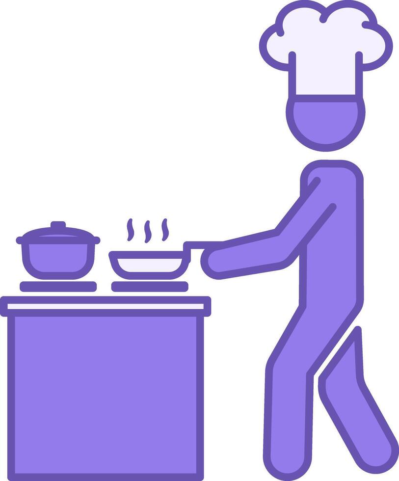 Colored Cook Icon. Chef in Hat Cooking Food on Stove. Saucepan with Lid, Frying Pan with Cooked Food. Restaurant Concept vector