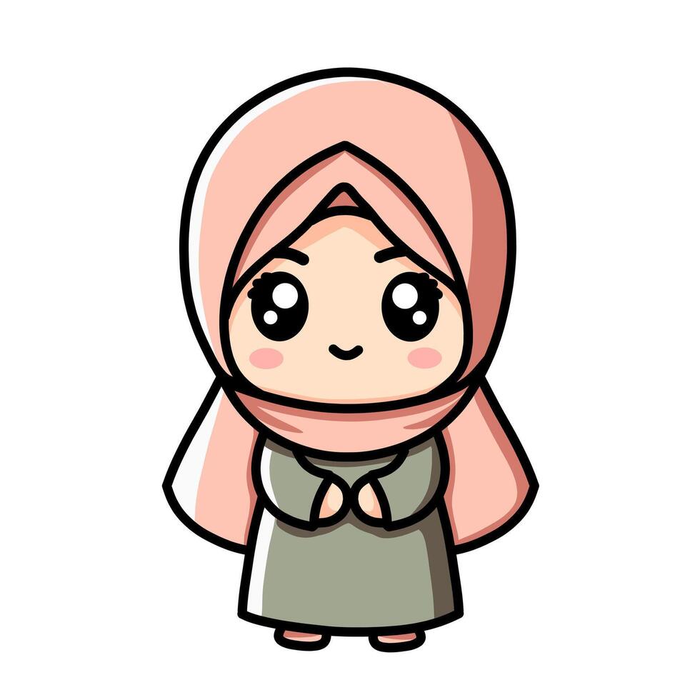 Cute Chibi Girl Wearing Hijab with Adorable Expression Clip Art Illustration vector