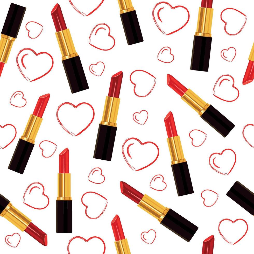 Seamless pattern with red lipsticks and hearts isolated on a white background. vector