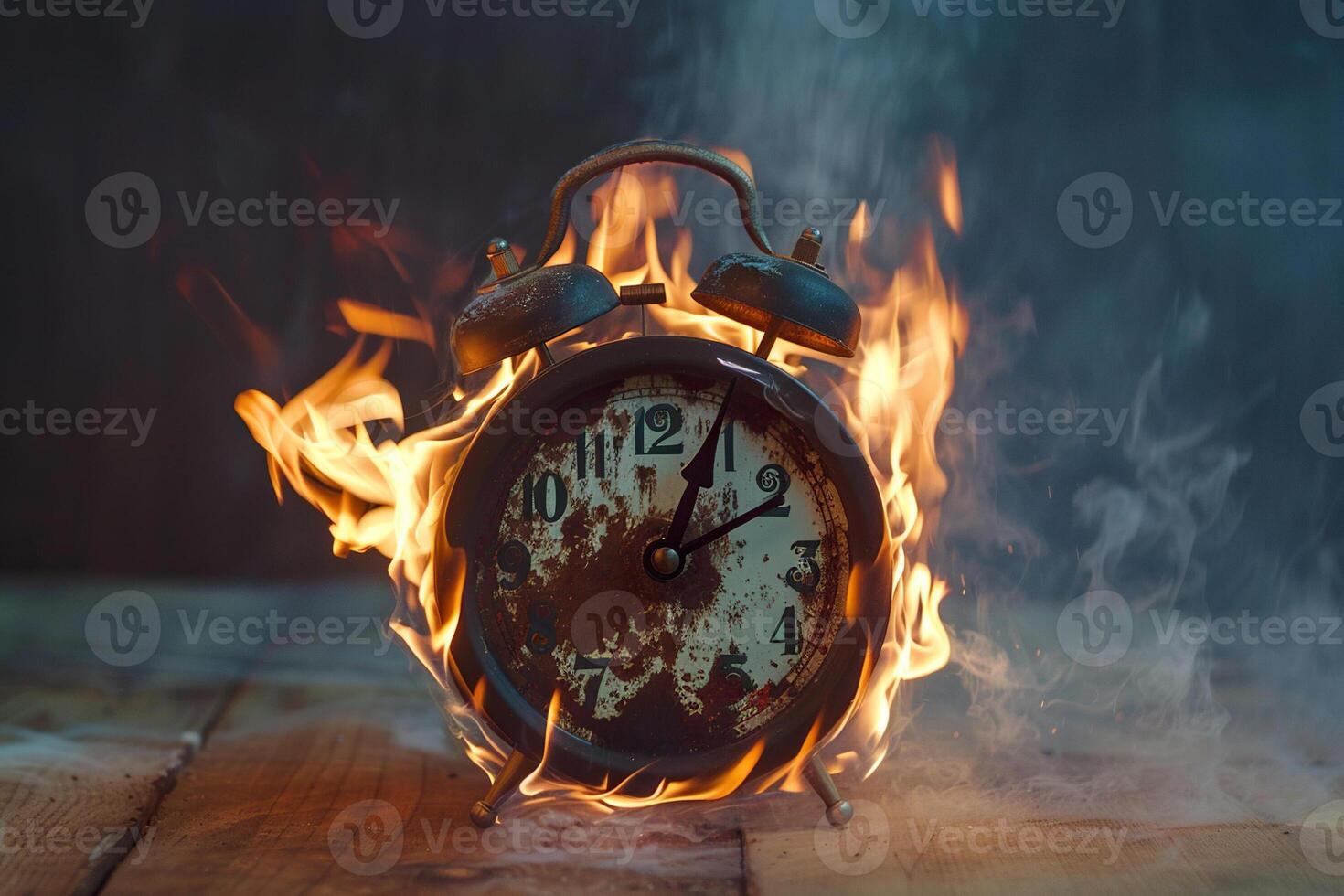 Burning alarm clock. Time out or deadline pressure concept. Clock on fire, symbol of hot sale, discounts, shopping time, countdown. Oversleep, waste of time, insomnia. Time is ending, running out. photo