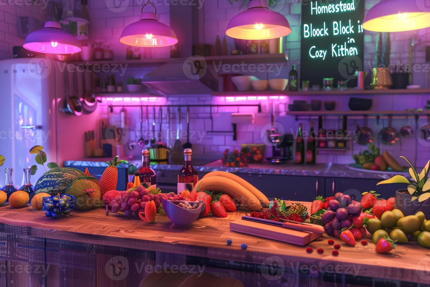 A kitchen counter with a variety of fruits and vegetables photo