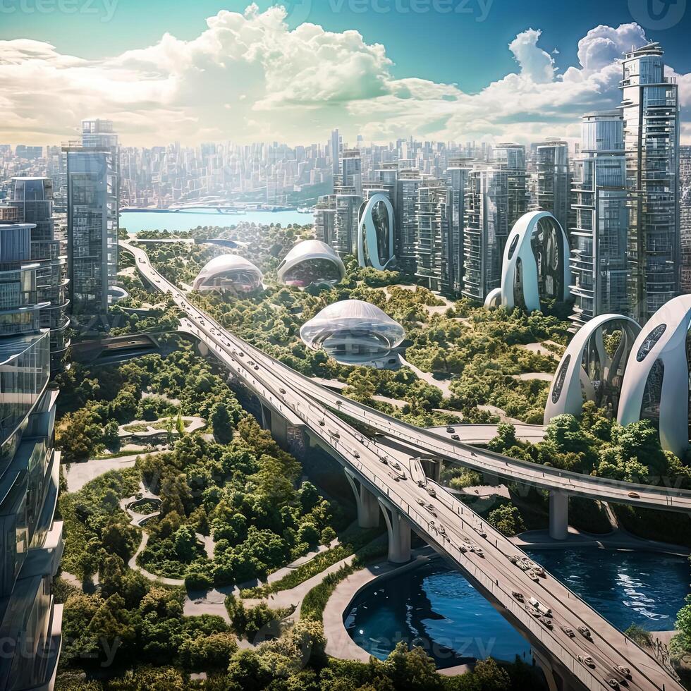 A city with a stadium in the center and a river running through it. photo