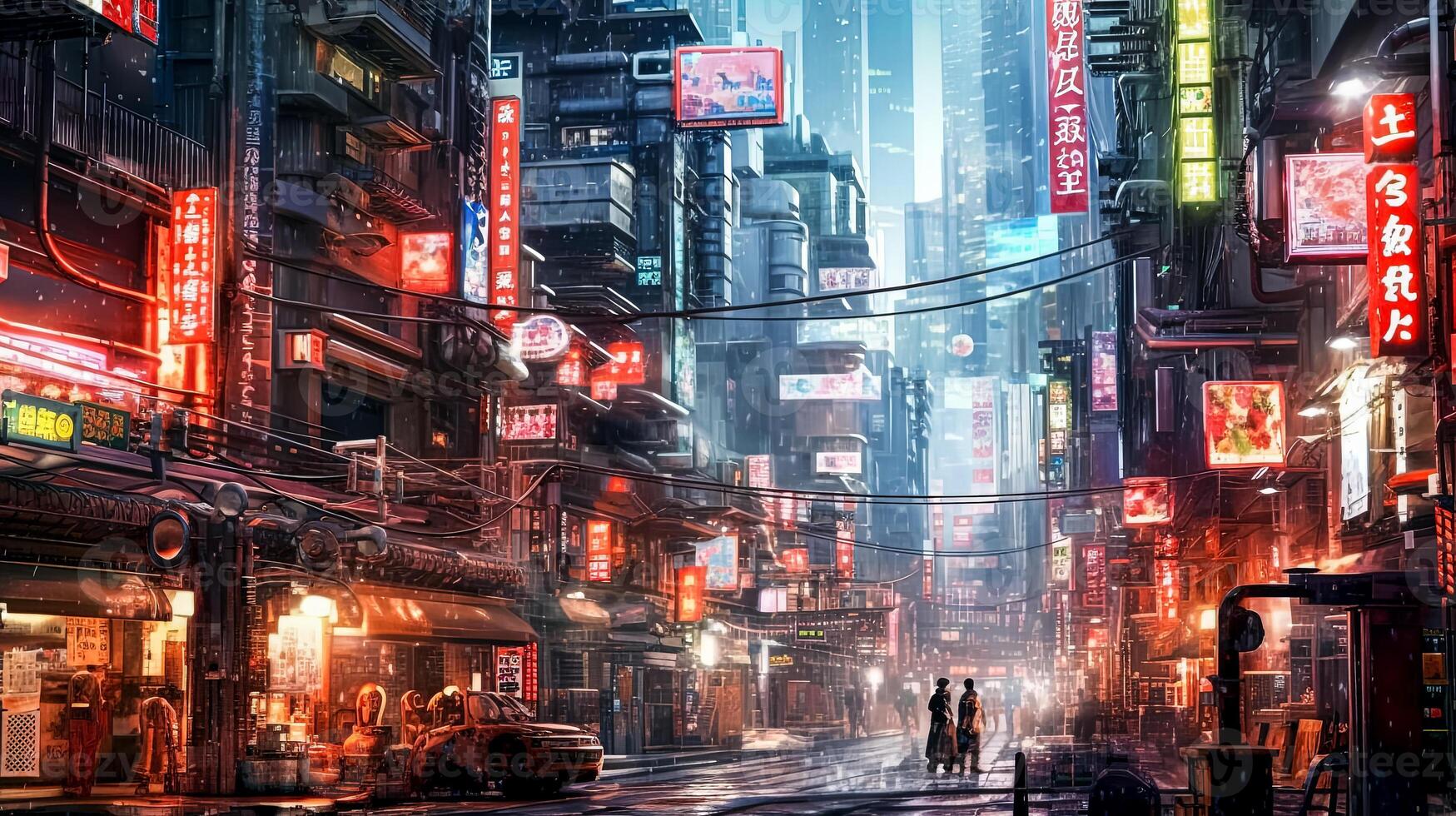 A busy city street with neon signs and people walking under umbrellas. photo