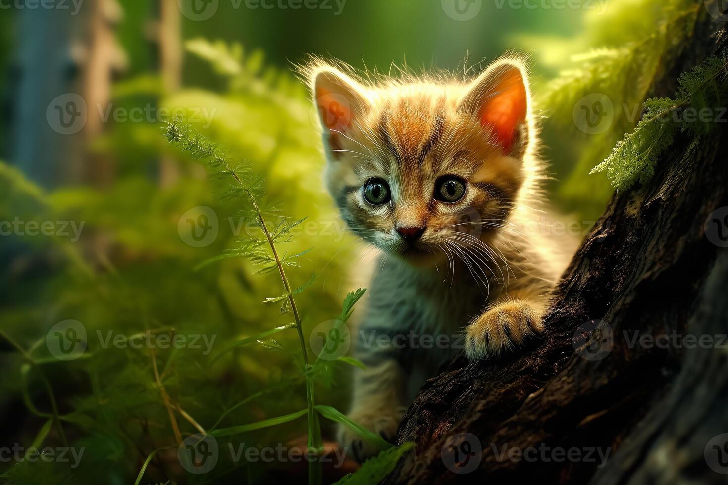 A kitten is sitting on a log in the woods. photo