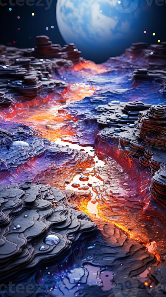 A lava flow is depicted in a space scene with a large planet in the background photo