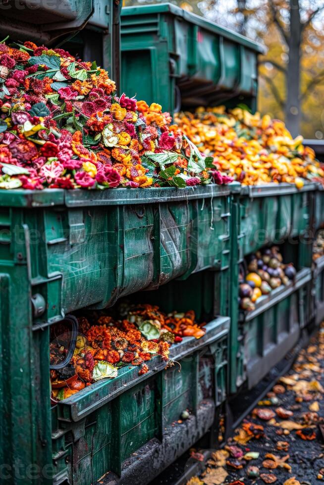 A pile of trash is sitting in a green container photo