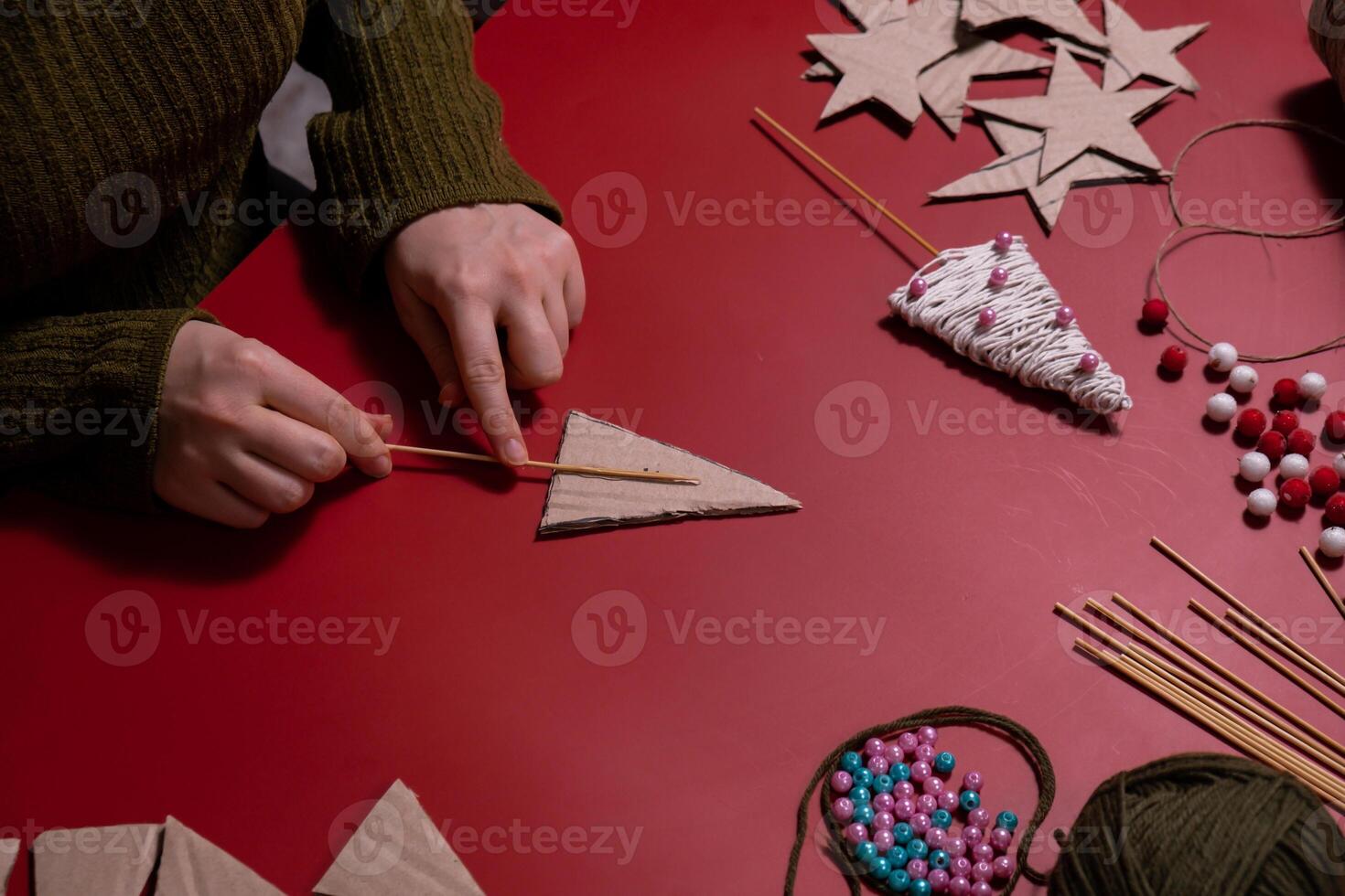 Rope Christmas trees Storytelling creating craft Christmas holiday present. Tactile hand-on activity. Master class progress of creative me-made gifts. Seasonal domestic life micro moment hobby. Sustainable living photo