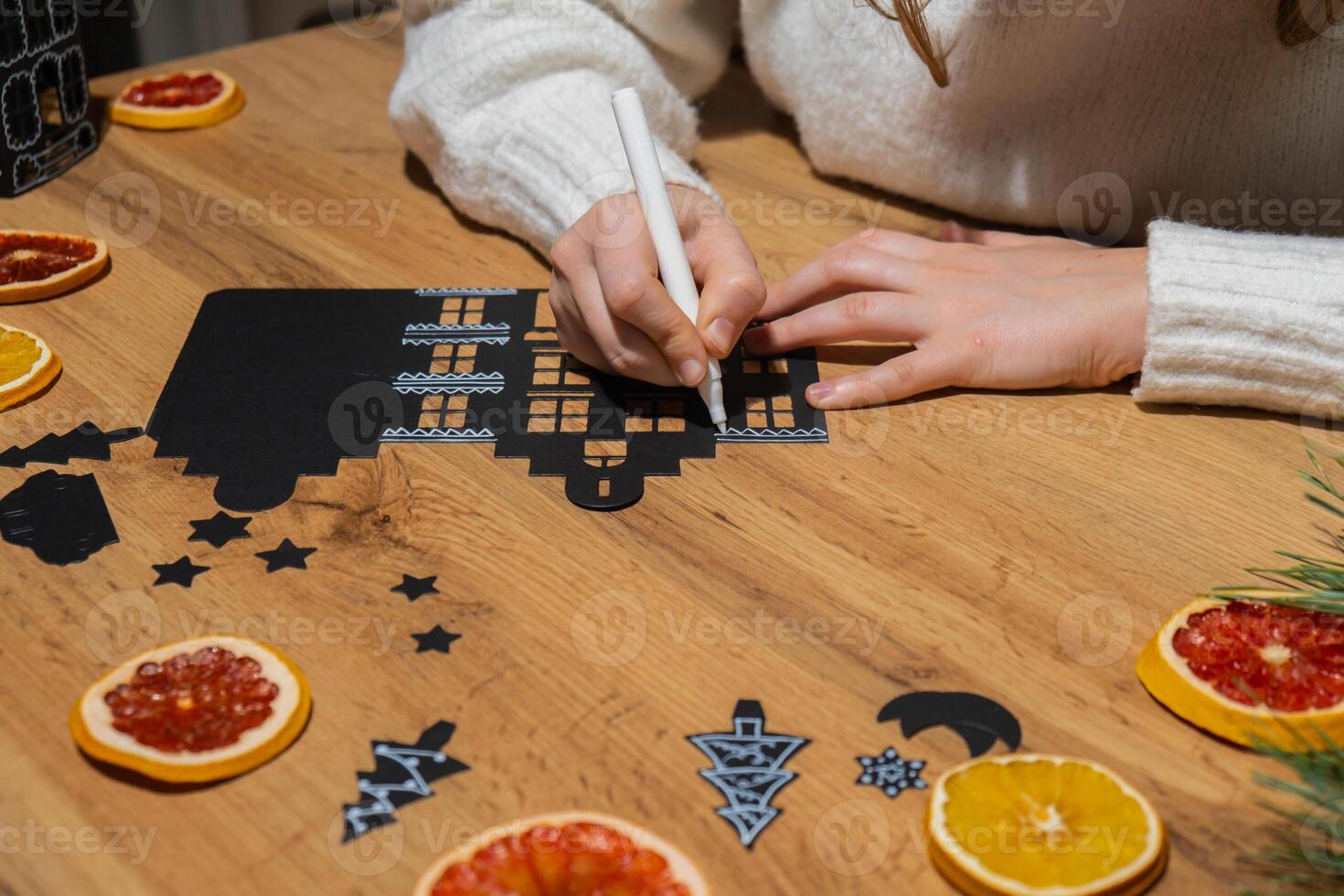 Christmas Gingerbread Village Paper black House Sustainable preparation Diy process of making handmade decoration. Step by step activity for children. Inclusive and responsible stress relief holiday hobby. Conscious celebration photo