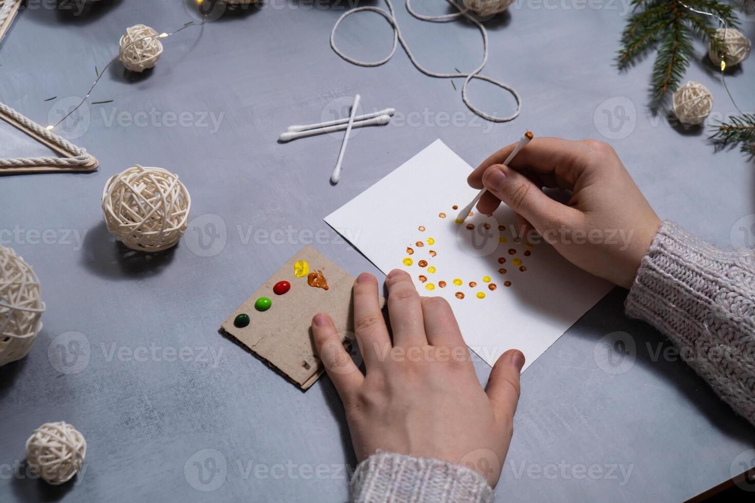 Christmas wreath Sustainable Christmas preparation Diy process of making handmade greeting cards. Step by step activity for children. Inclusive and responsible stress relief holiday hobby. Conscious celebration photo