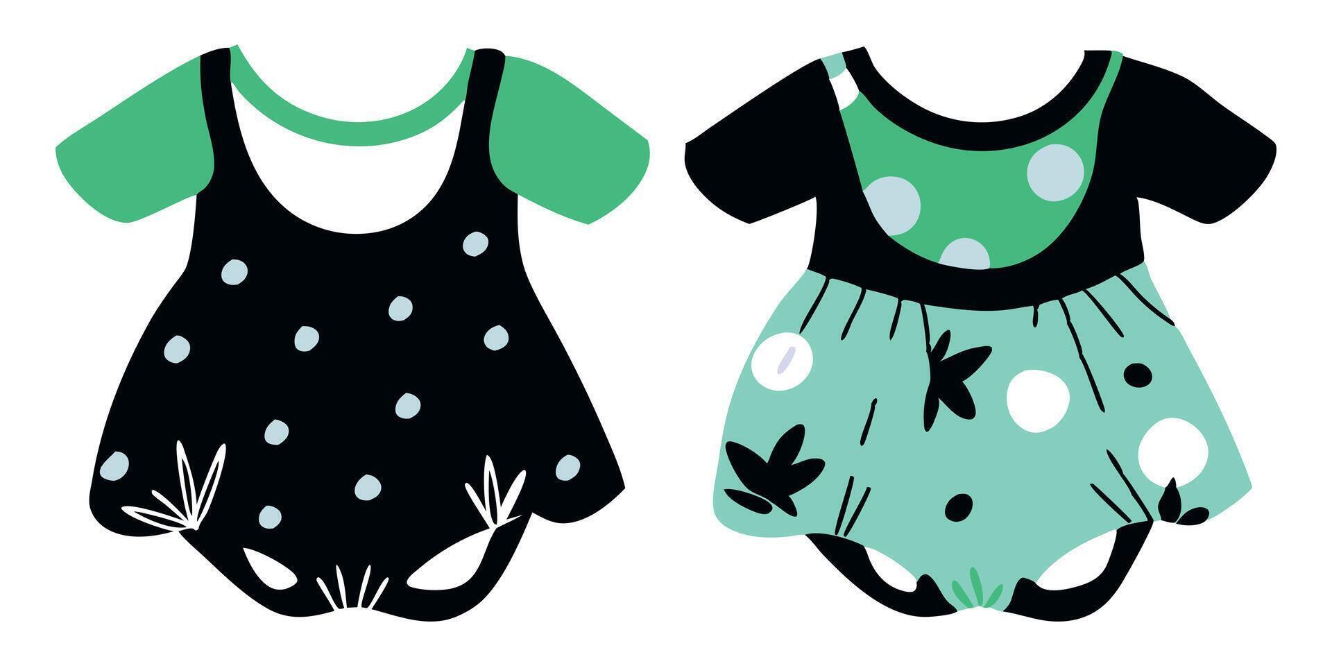 Two black and green polka dot dresses with polka dots vector