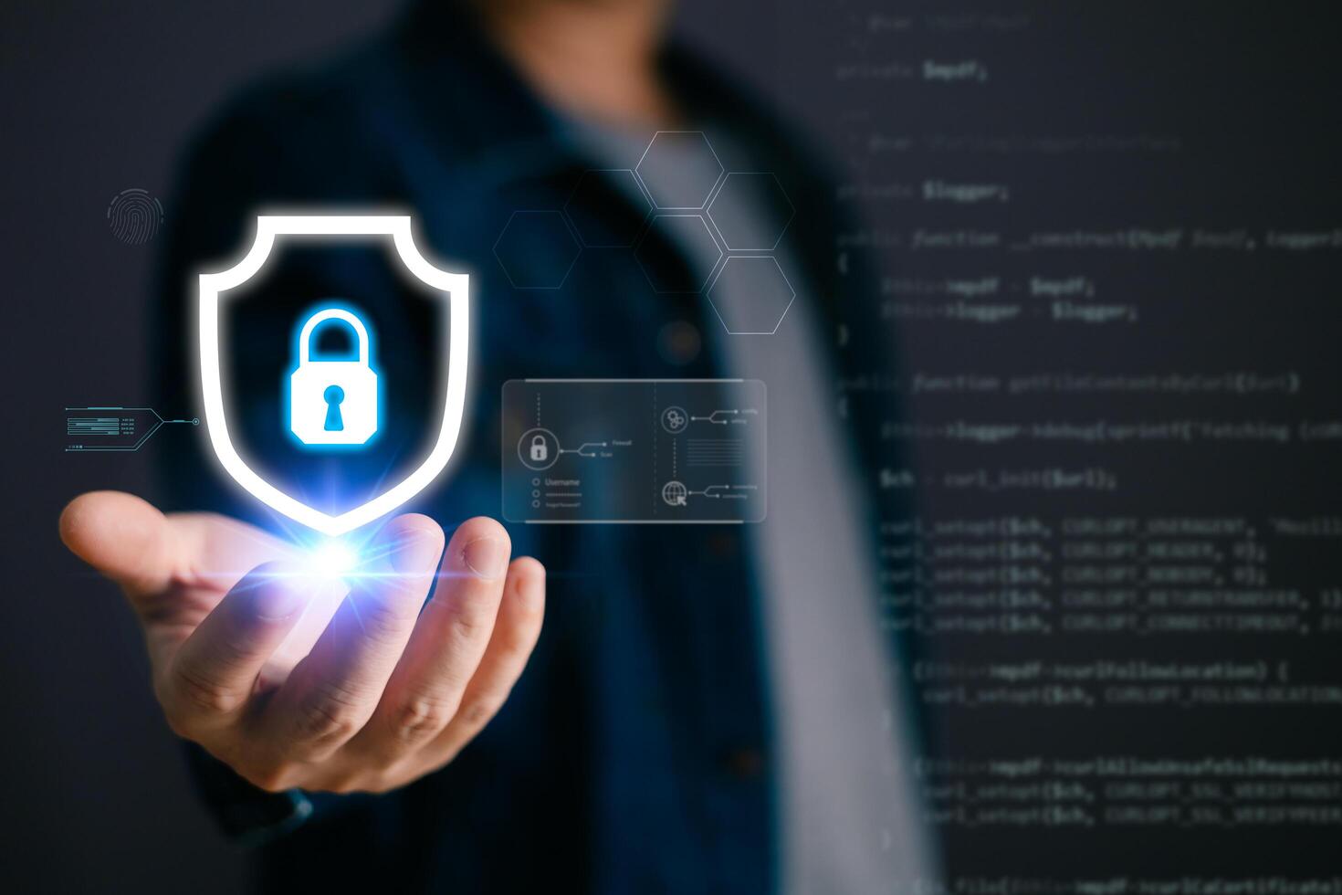 Cybersecurity and privacy protection network security computer and safe data concept. Businessmen protect personal data information from viruses with virtual screen interfaces. photo