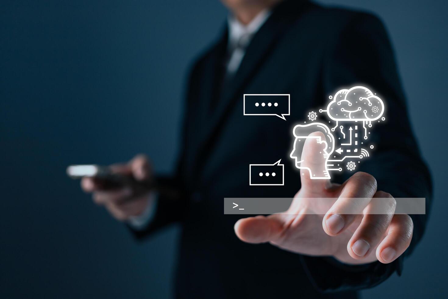 man touch command prompt ai chat. Big data storage computer tech.Digital Artificial Intelligence technology disruption concept. We are implementing storage technology support in the business photo