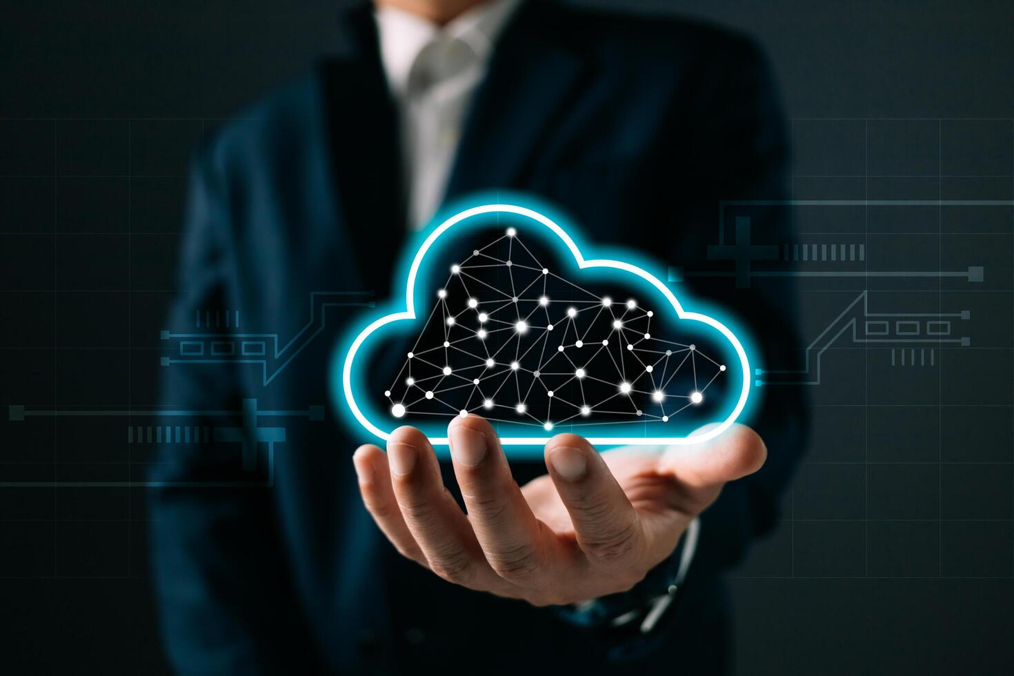 man holding icon cloud computing diagram show on hand. data center storage.cloud tech.secure backup and consistency network and internet service concept.implementing storage technology in business photo