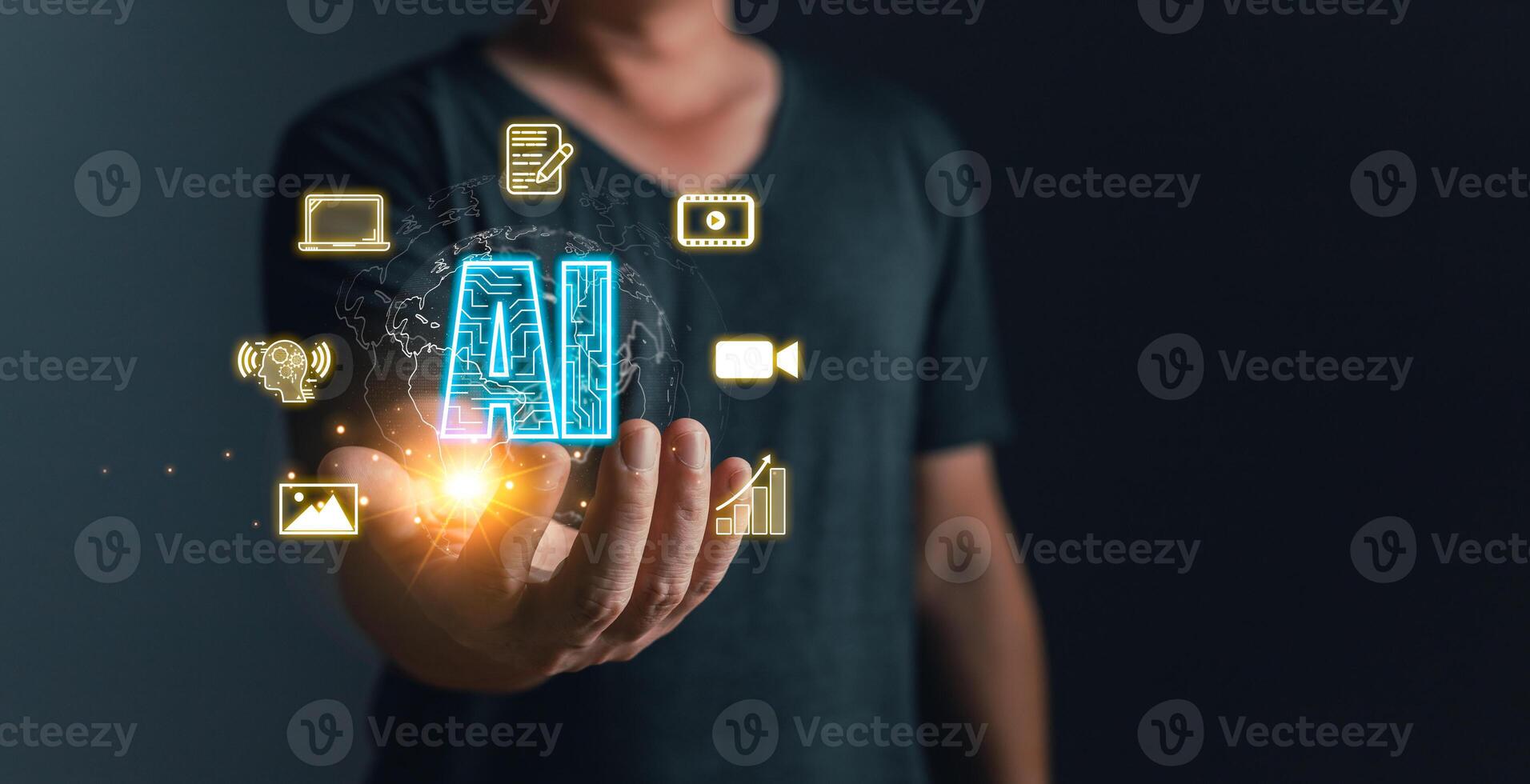 Man touch icon ai, Marketers education, research, analyze media streaming content creation and online marketing strategies to grow their digital business. Ai generates concept photo