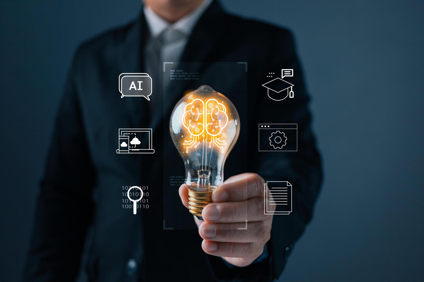 A hand holds a glowing lightbulb, symbolizing inspiration, creativity, and innovation. Represents technological success, digital transformation, and AI technology in business. photo
