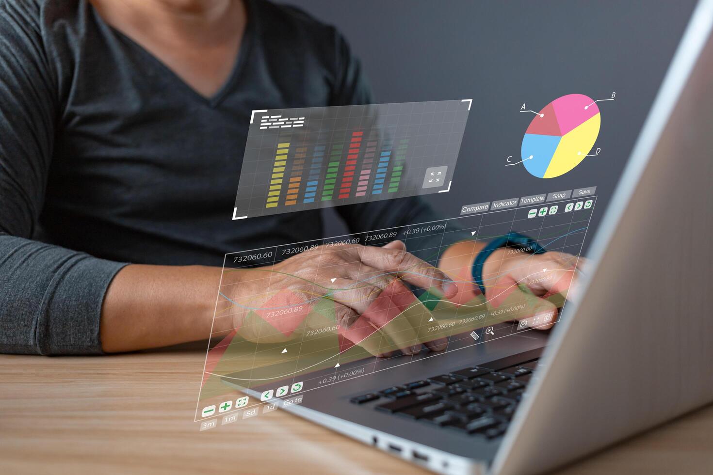 Businessman uses digital market analytics, graphs, and financial reports to strategize investments and plan for business success, leveraging technology to achieve goals and drive stock growth. photo