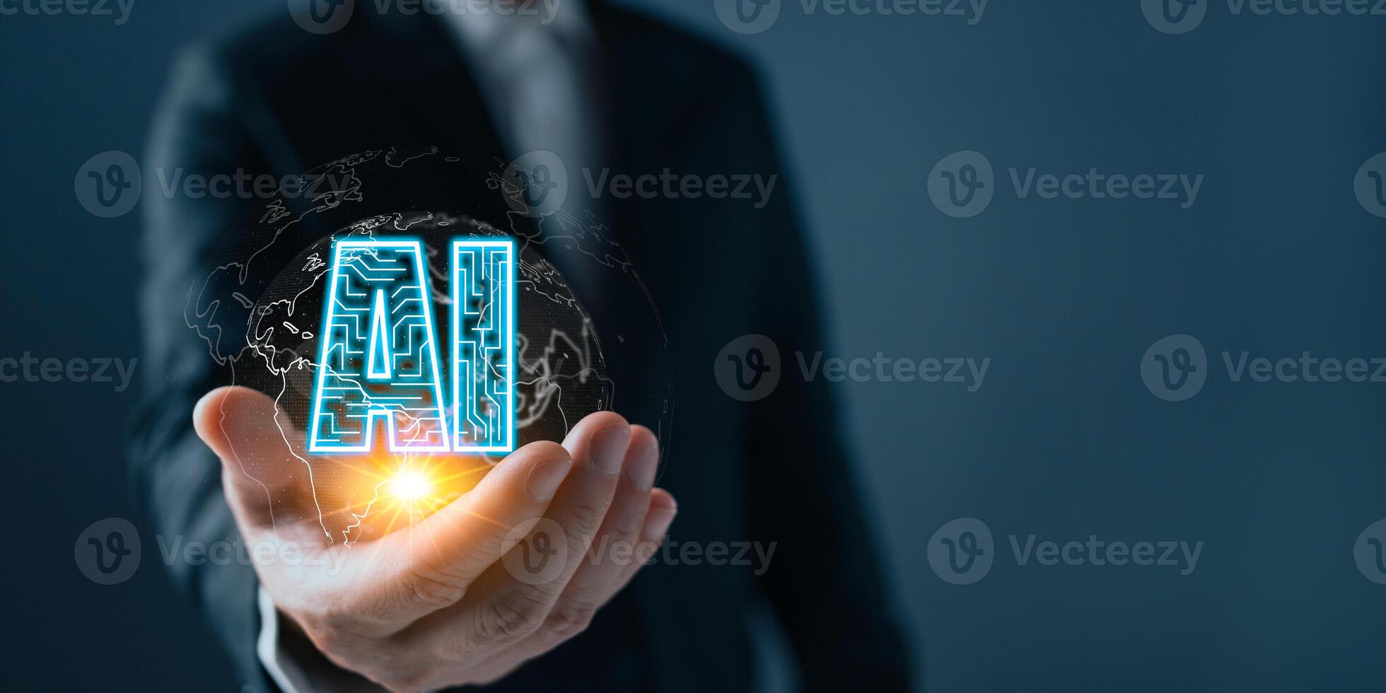 man holding ai auto chat bot. Big data center storage.Digital Artificial Intelligence technology disruption concept. We are implementing storage technology support and service in the business photo
