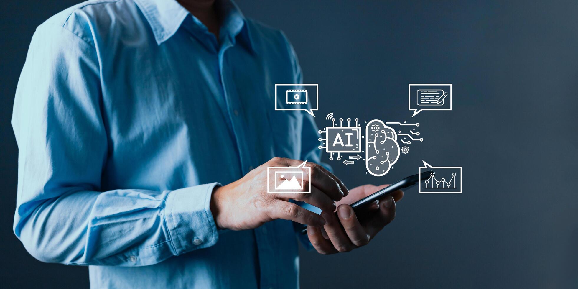 Man hold icon ai and use smartphone, Marketers education, research, analyze media streaming content creation and online marketing strategies to grow their digital business. photo