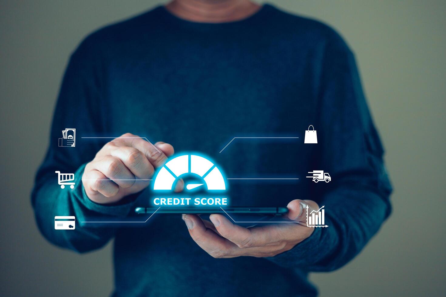 hand touch hologram credit report score to plan in business, and buy or purchase produce payment online. The concept of finance and online shopping. photo