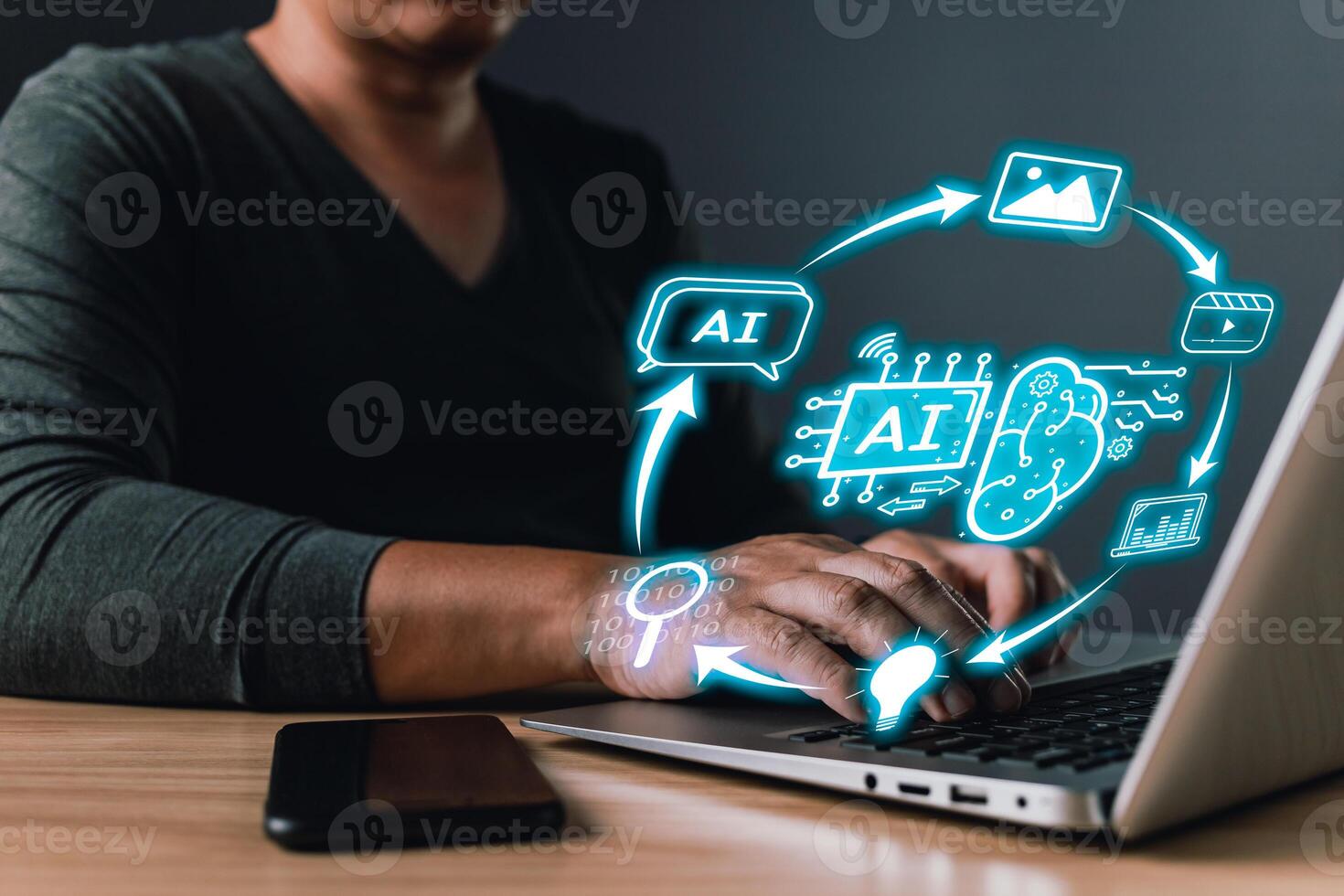Ai generates creation content concepts. Man's hand use AI icon technology, Marketers education, research, analyze media streaming online marketing strategies to grow their digital business. photo