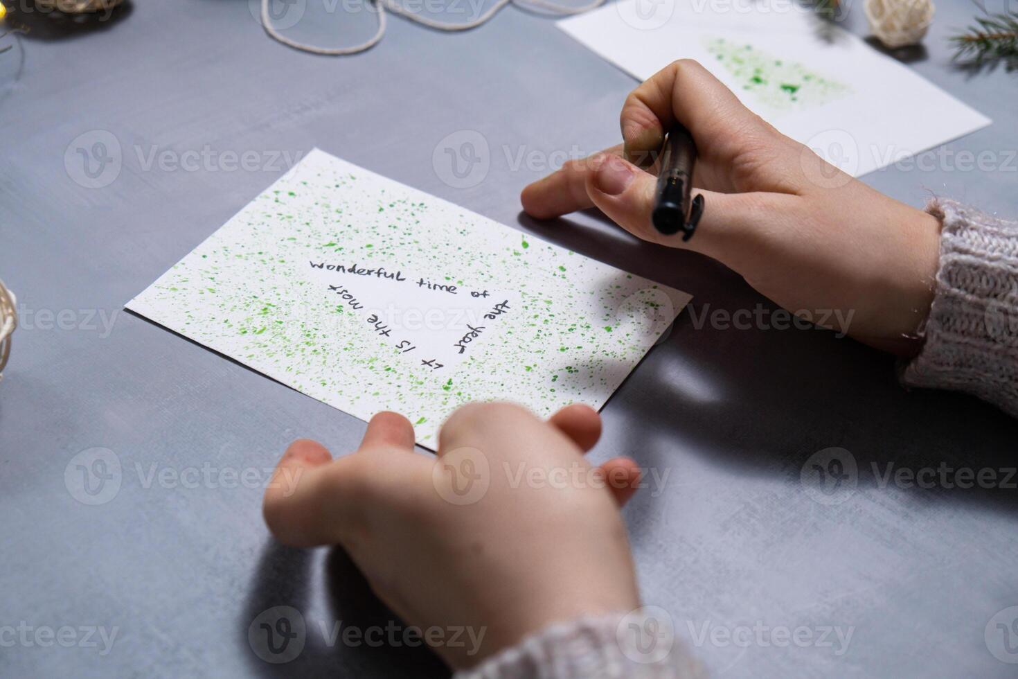 Christmas tree Sustainable Christmas preparation Diy process of making handmade greeting cards. Step by step activity for children. Inclusive and responsible stress relief holiday hobby. Conscious celebration photo