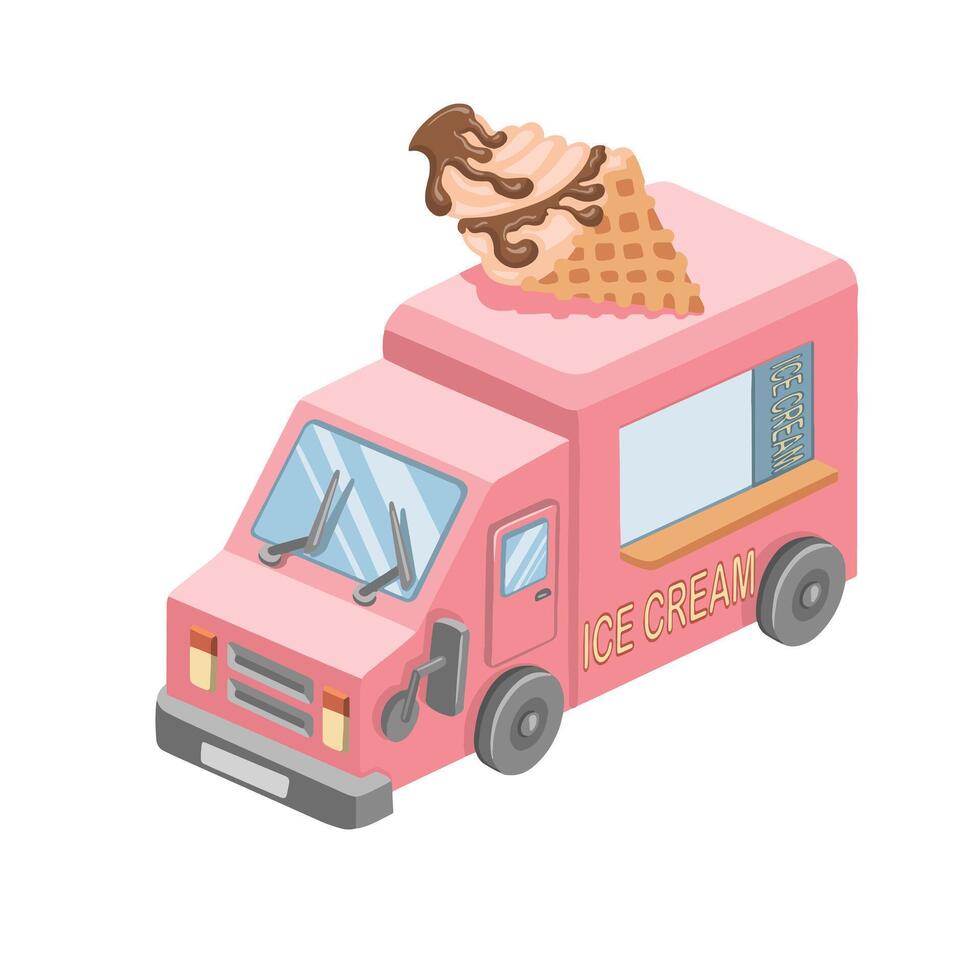 A pink ice cream truck with a cone on top vector