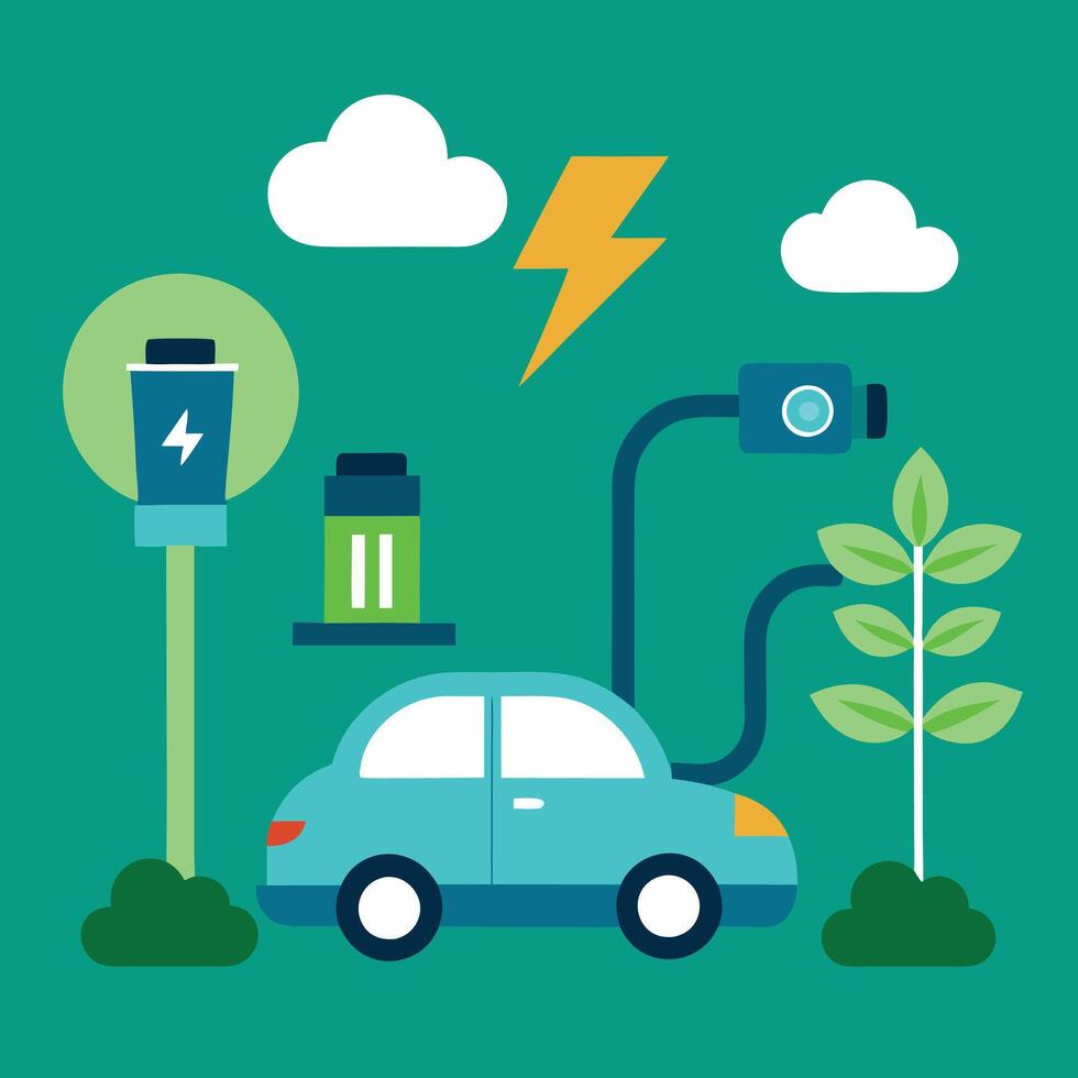 electric vehicle charging station with a car on city view background vector